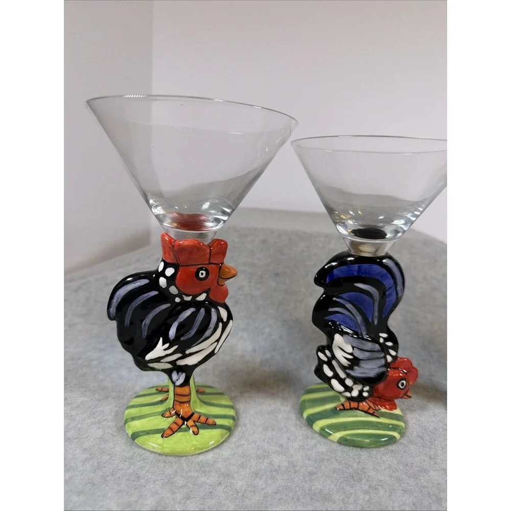 Vintage Nicole Engblom Hand Painted Rooster Martini Cocktail Glass Set Of 4 Rare
